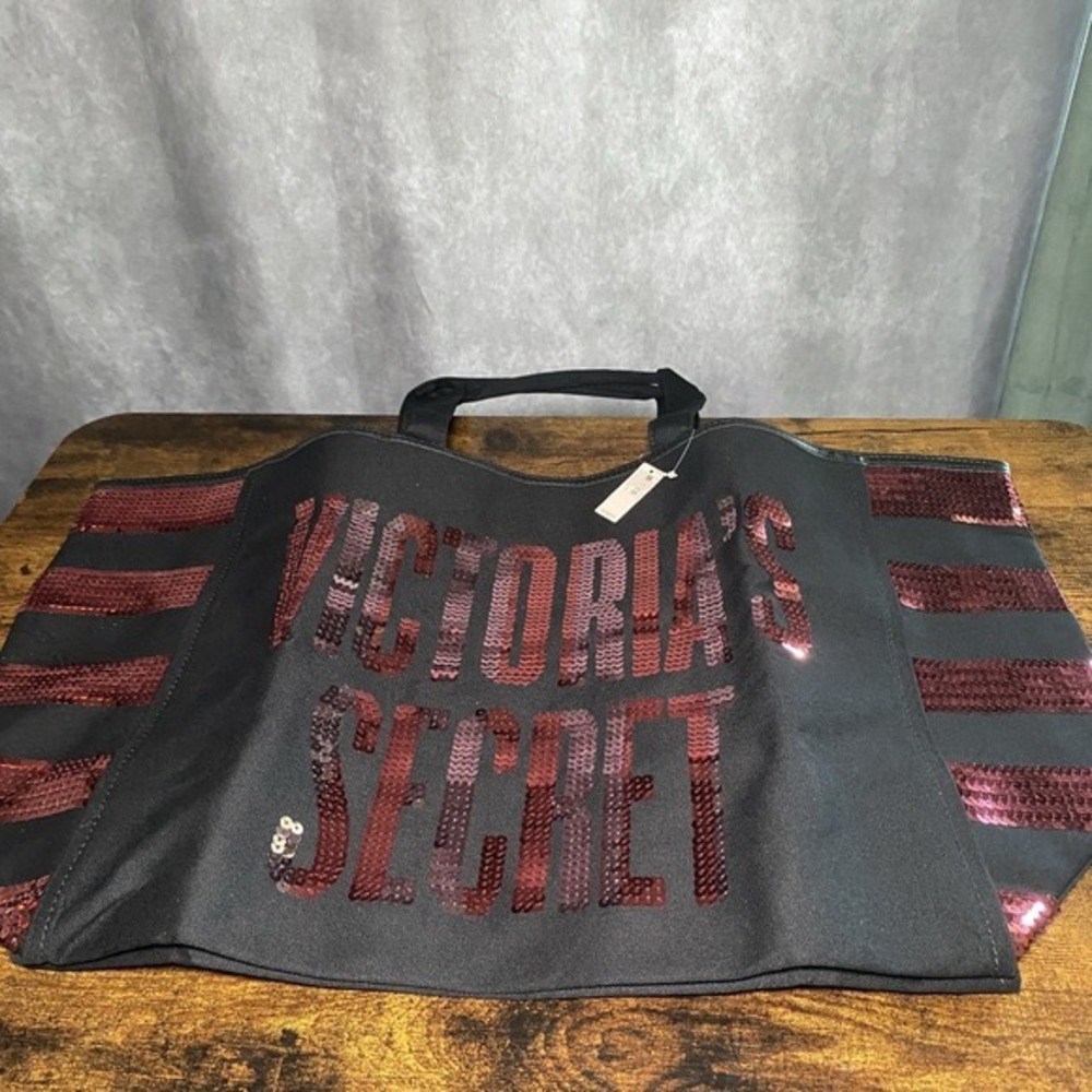 Victoria's Secret Limited Edition Black Canvas Sequined Large Tote Bag